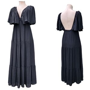 LaLavon NWOT Deep V-neck Open-Back Maxi Tiered Dress Small Lined Flowy